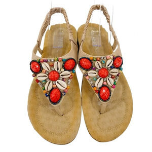 Anna Nellie Sandals Womens 8.5 Beige Red Beaded Seashells Vacation Summer